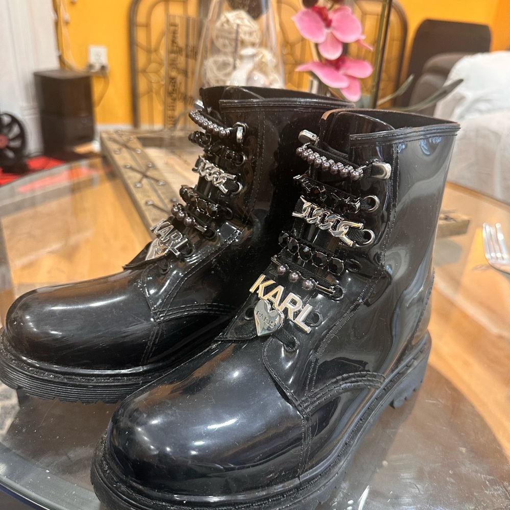 Karl Lagerfeld Black Patent Leather Boots